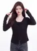 Top de punto patchwork estilo ropa de trabajo casual con bolsillos abotonados, nueva colección de otoño, camiseta de manga larga de moda para mujer