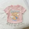 Novas Blusas de Verão de Manga Curta para Meninas, Doces e Fofas com Estampa de Desenho Animado, Renda na Barra, Camiseta Resistente com Pedrarias para Meninas