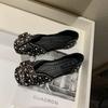 Sapatos Femininos Transfronteiriços Estilo Coreano Primavera e Verão Novo Modelo Laço Pérola Strass Bico Quadrado Vazado Estilo Fada Mocassins Confortáveis