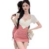 Pequeno Desejo Puro Estilo de Rua Doce Apimentado Cinto na Cintura Francês Ajuste Slim Color-Block Patchwork Cordão Franzido Bodycon Vestido