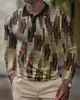 Camisa polo casual y elegante de manga larga con bloques de color, botones únicos, estampado de rombos y estampado digital para ir al trabajo