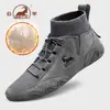 Botas de neve masculinas genuínas da marca Ram, forradas com fleece, espessadas, quentes, sapatos casuais esportivos de cano alto, botas Martin masculinas genuínas de couro
