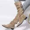 Botas retrô de camurça Knight para mulheres 2022 novo estilo salto grosso bico redondo botas altas marrom pelo plissado botas longas europeias e americanas