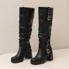 Botas de Couro Femininas Outono/Inverno 35-44 Bico Redondo Salto Médio Cano Alto, Cor Sólida Salto Médio Solado Grosso Antiderrapante Calce Fácil Salto Quadrado Botas de Equitação