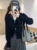 Outono Inverno 2026 Novo Cardigã de Lã Pura com Zíper Duplo Casaco Suéter com Capuz Feminino Tricô Curto Solto