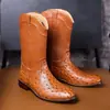 Botas Western de Couro com Padrão de Avestruz para Homens, Botas de Cano Alto Brilhantes, Botas Formais Vintage de Ponta, Dropshipping de Comércio Exterior