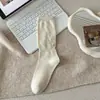 Meias femininas de outono retrô com trama vazada até o meio da panturrilha, com sutil padrão de espiga de trigo, de algodão, cor sólida, respiráveis, versáteis, adequadas para sapatos Birkenstock, meias largas de estilo casual