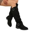 Transfronterizo Nuevo talla grande Otoño e Invierno Plisado Fondo plano Botas vaqueras occidentales Botas con hebilla de cinturón para mujer Tacón grueso Caña larga delgada