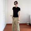 Camiseta Negra de Manga Corta para Mujer, Nuevo Estilo Verano 2026, Cuello Redondo, Hombro Normal, Corte Ajustado, Favorecedora para Figuras Pequeñas