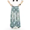 Subtendência de comércio transfronteiriço design solto perna reta estampa completa de estrela sensação retrô calça de perna larga solta novo jeans americano