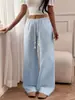 Pantalones de Pierna Recta Rayados Nuevos Transfronterizos Europeos y Americanos 2025 Casual Versátil Corbata Moda Sueltos de Pierna Ancha Mujer