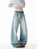 Jeans Anchos Lavados Azules Rasgados para Hombre, Pantalones de Pierna Recta Sueltos Estilo Retro Americano, Ajustados, Acampanados