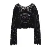 Otoño 2023 Nuevo Y2K Moda Europea y Americana Color Sólido Temperamento Cuello Redondo Manga Larga Encaje Ganchillo Suéter Top Mujer