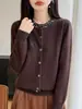 Cardigã de malha com contas 100% lã pura, novo estilo outono/inverno feminino, chique e elegante, gola redonda, casaco suéter quente