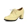 Zapatos de cuero estilo brogue británico para mujer con tacones altos gruesos, punta redonda, cordones tipo Oxford, zapatos versátiles vintage de talla grande para mujer