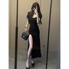 Elegante vestido de manga corta estilo francés ligero y maduro, novedad de verano 2025, para mujer, cintura ajustada, adelgazante, sexy, falda larga dividida.