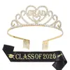 Corona de Fiesta de Graduación 2026 Set de Correa para el Hombro Aleación Pedrería Letra Tocado de Graduado Cinturón de Ceremonia