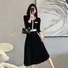 Vestido de punto de cuello redondo para otoño e invierno, vestido línea A que ciñe la cintura, capa interior roja para compromiso, vestido largo hasta la rodilla
