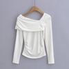 Camiseta de manga larga con hombros descubiertos y clavícula para mujer, otoño 2023, plisada, elástica, ajustada, con cuello oblicuo