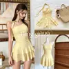 Novo maiô feminino de uma peça estilo saia 2026, elegante e bonito, perfeito para férias, em amarelo cremoso, modelador e que esconde a barriga, ideal para fontes termais