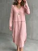 Moda Femenina Otoño 2026 Transfronteriza Europea y Americana Color Sólido Borde Deshilachado Patchwork Cuello en V Holgado Casual Vestido de Manga Larga para Mujer