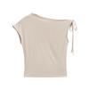1959-Moda Europeia e Americana Elegante Gola Assimétrica Cadarço Manga Curta Camiseta para Mulheres 2025 Nova Sexy Slim Camiseta Básica Top