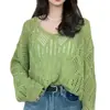 Suéter de punto hueco transfronterizo para mujer, primavera, verano, otoño, diseño estilo coreano, patrón de rombos de color liso, estilo casual, capa base, protección solar