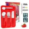 Juego de cubiertos de acero inoxidable transfronterizo, juego de cuchillo para bistec, tenedor y cuchara, juego de 17 piezas/25 piezas, con mangos de plástico angulados, empaque de caja de regalo