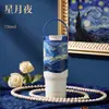 Vaso de Hielo Cerámico Personalizado con Pintura al Óleo de Van Gogh, Vaso de Agua de Acero Inoxidable de Gran Capacidad con Popote, Sensación de Lujo y Alta Gama