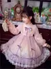Vestido Lolita Rosa para Niñas Encaje Lazo Malla Vestido Princesa Dulce Vestido de Mangas Abullonadas