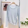 Camiseta de manga larga con protección solar, hombros rectos, cordón, para mujer, única, novedad de verano, cintura fruncida, adelgazante, cuello redondo, top ins