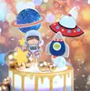 Conjunto de inserção de cartão para bolo de astronauta de foguete Decoração de bolo de feliz aniversário Céu Estrelado Bandeira de inserção Suprimentos de panificação para festa