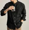 Temporada de primavera y otoño, camisa de manga larga con cuello mao estilo japonés, camisa casual holgada de cuello redondo para hombre, prenda exterior resistente a las arrugas, top de moda