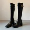 Botas compridas de outono e inverno com fivela para mulheres, moda 2026 novo estilo, elegantes botas de cavaleiro, botas de salto alto com bico quadrado, botas de cano alto
