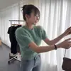 Suéter de Punto Grueso Cálido con Cuello Redondo y Mangas Cortas de Pelo de Alta Gama Dongdaemun Coreano de Uso Individual Top de Punto con Mangas Abullonadas para Mujer