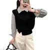Suéter de punto para mujer estilo coreano de dos piezas falsas, diseño simple inspirado en la dopamina, nuevo top de punto abotonado con dobladillo a rayas de patchwork
