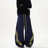 Calça Larga Estilo Streetwear Americano com Design de Três Listras, Unissex High Street com Cordão Moda Casual Longa