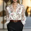 Roupas femininas transfronteiriças da Amazon europeia e americana: Camisa de cetim floral com gola e manga longa, top elegante com estampa para o trabalho para mulheres