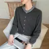 Blusa Feminina de Manga Longa com Renda e Gola Bufante, Suéter de Tricô de Caxemira Outono/Inverno, Cardigã Elegante em Blocos de Cor Suave