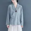 Camisa bordada de algodón y lino estilo chino para mujer, camisa diagonal con botones, manga larga, otoño, estilo chino, top hanfu, ropa de té