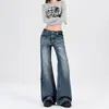 Jeans Feminino Retro Americano com Dobras de Bigode de Gato Micro Flare Outono Novo Cintura Baixa Não Apertado Solto Perna Larga Calça Flare