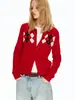 Cárdigan de punto vintage rojo con cuello redondo y patrón de rombos para mujer, estilo francés de otoño e invierno, tacto de alta gama, suéter exterior jacquard color-blocking