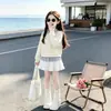Conjunto de principios de otoño para niños medianos y mayores, sudadera con cuello de camisa tipo dos piezas, falda de pastel blanca, conjunto de dos piezas estilo universitario para estudiantes de secundaria