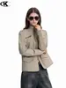 Chaqueta de hombro recto estilo retro americano 11KN para hombre y mujer, corte holgado, diseño de patchwork deconstruido, abrigo corto casual desgastado con cuello alto