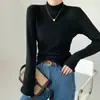 Blusa Base Cinza de Gola Alta Slim Fit Manga Longa para Mulheres Primavera Outono Malha Macia Elástica Simples Versátil para o Dia a Dia Camada Interna