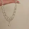 Colar Branco de Pérolas em Forma de Gota de Água Estilo Francês de Luxo Leve, Corrente de Clavícula Estilo Princesa Doce Vintage da Corte, Corrente de Pescoço para Vestido Embelezada com Strass