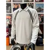 Camisa polo de rayas blancas y grises con cuello para hombre, prenda interior de otoño, camiseta de manga larga raglán, sudadera americana de corte limpio