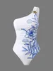 Traje de baño de una pieza con estampado de flor de trompeta de un solo hombro para mujer de Amazon transfronterizo, traje conservador de una pieza para playa y aguas termales