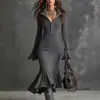 Moda Sexy Transfronteriza Europea y Americana Otoño e Invierno 2025 Nuevo Diseño de Solapa con Cremallera Mangas de Campana Vestido de Cola de Pez para Mujer