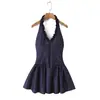 Vestido sexy de cuello en V profundo, ribete con volantes, cuadros azules, sin espalda, ajustado, de cuello halter, falda acampanada, corte slim, minifalda para una chica hot